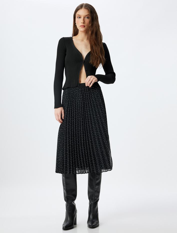  Astarlı Yüksek Bel Puantiye Detaylı Midi Boy Pileli Şifon Etek
