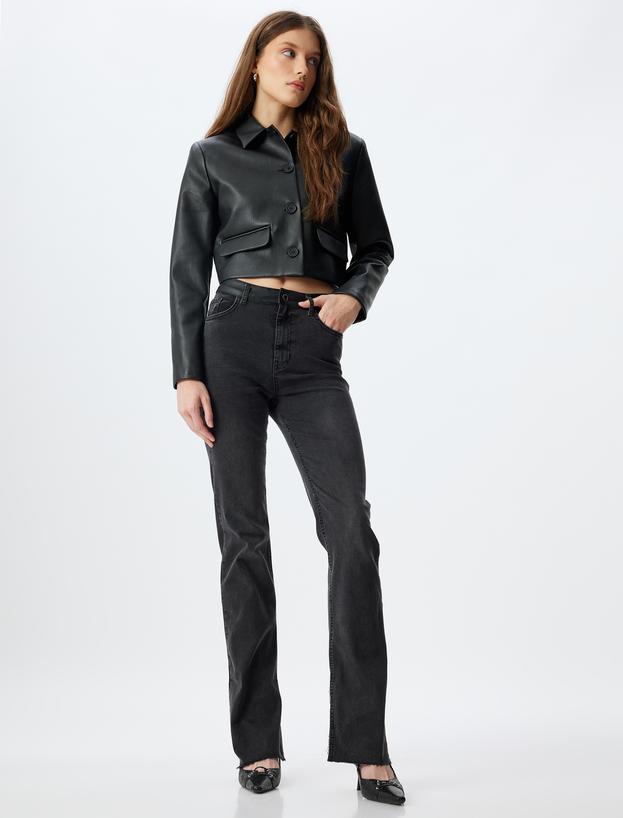 İspanyol Paça Kot Pantolon Suni Deri Detaylı Yırtmaçlı Standart Bel Slim Fit - Flare Jeans_1