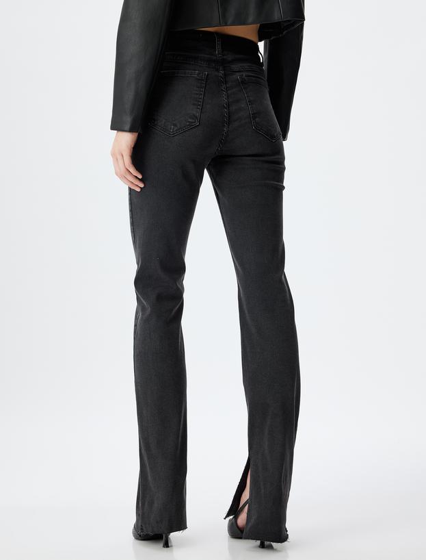 İspanyol Paça Kot Pantolon Suni Deri Detaylı Yırtmaçlı Standart Bel Slim Fit - Flare Jeans_3