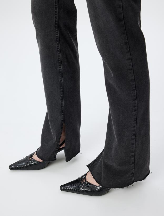 İspanyol Paça Kot Pantolon Suni Deri Detaylı Yırtmaçlı Standart Bel Slim Fit - Flare Jeans_4