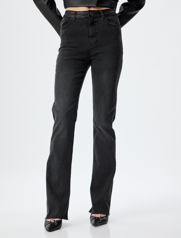 İspanyol Paça Kot Pantolon Suni Deri Detaylı Yırtmaçlı Standart Bel Slim Fit - Flare Jeans_2