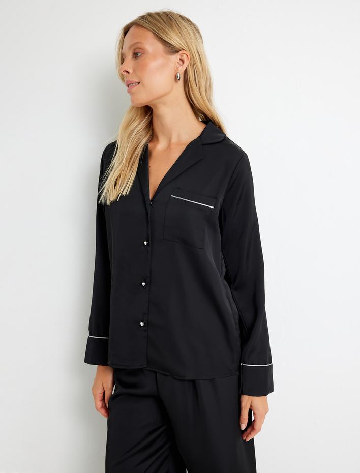  Gömlek Pijama Üstü Uzun Kollu Cep Detaylı Biyeli