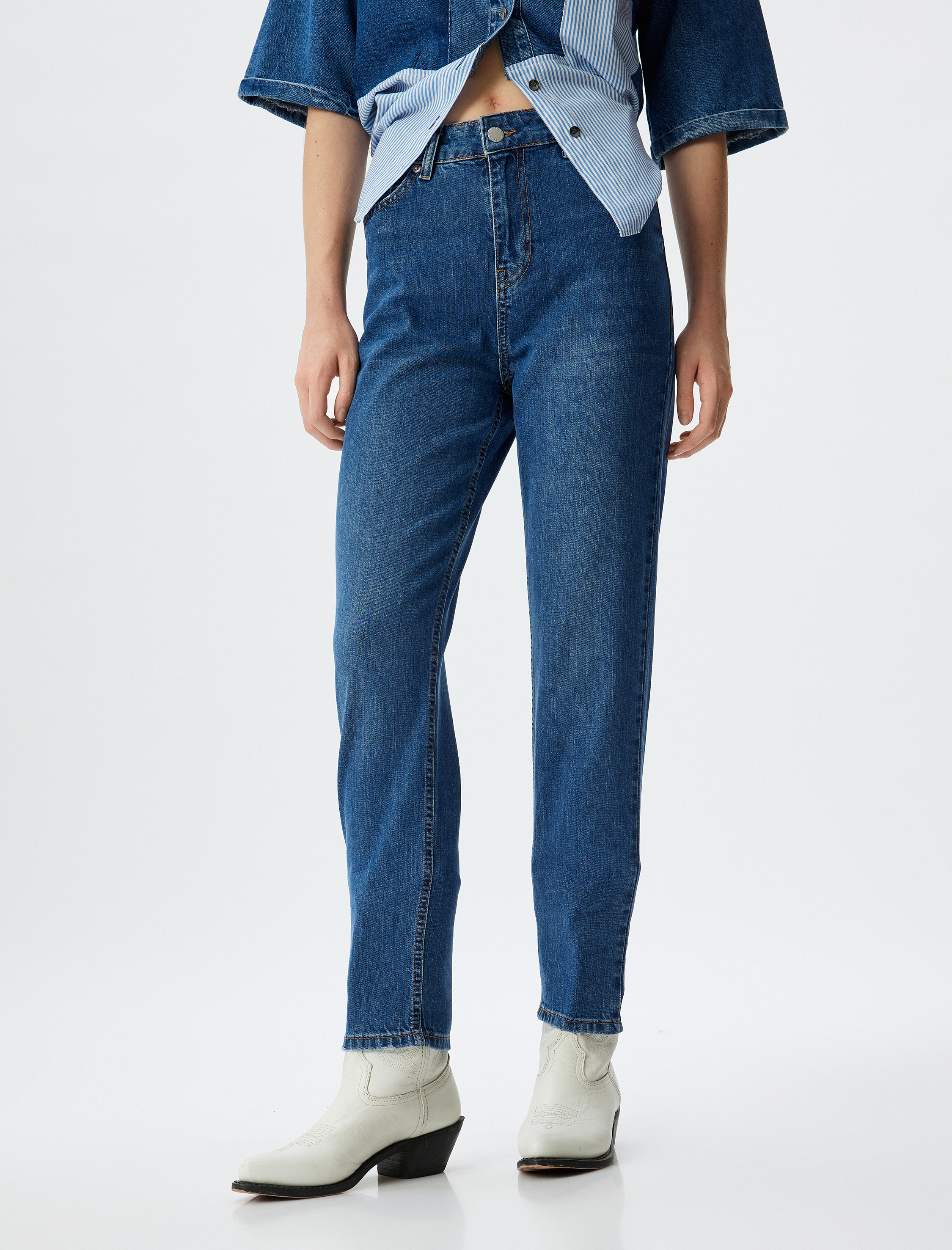   Yüksek Bel Kot Pantolon Düz Paça Düğmeli Cepli Pamuklu - Slim Straight Fit Jeans