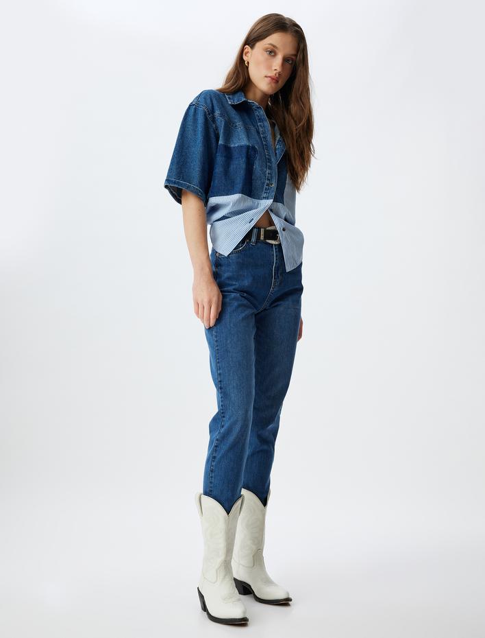  Yüksek Bel Kot Pantolon Düz Paça Düğmeli Cepli Pamuklu - Slim Straight Fit Jeans