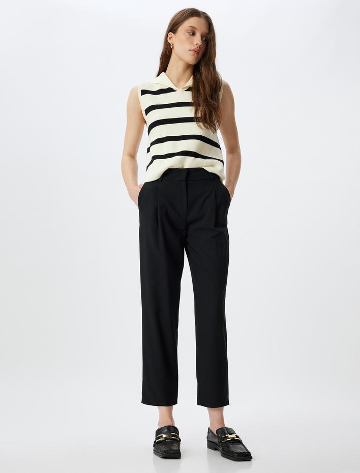  Yüksek Bel Cepli Havuç Kesim Kumaş Pantolon