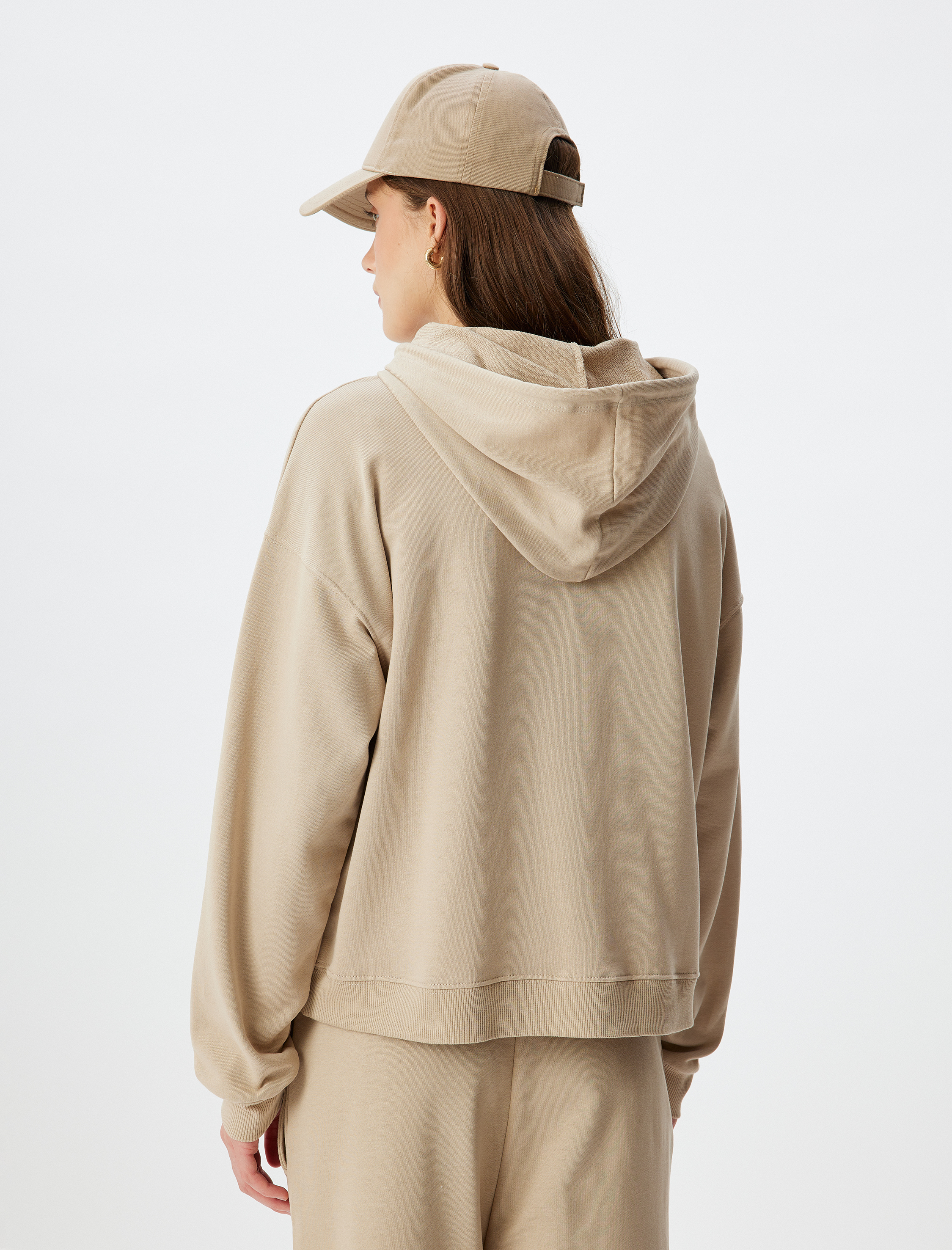   Uzun Kollu Üç İplik Pamuklu Basic Kapşonlu Sweatshirt