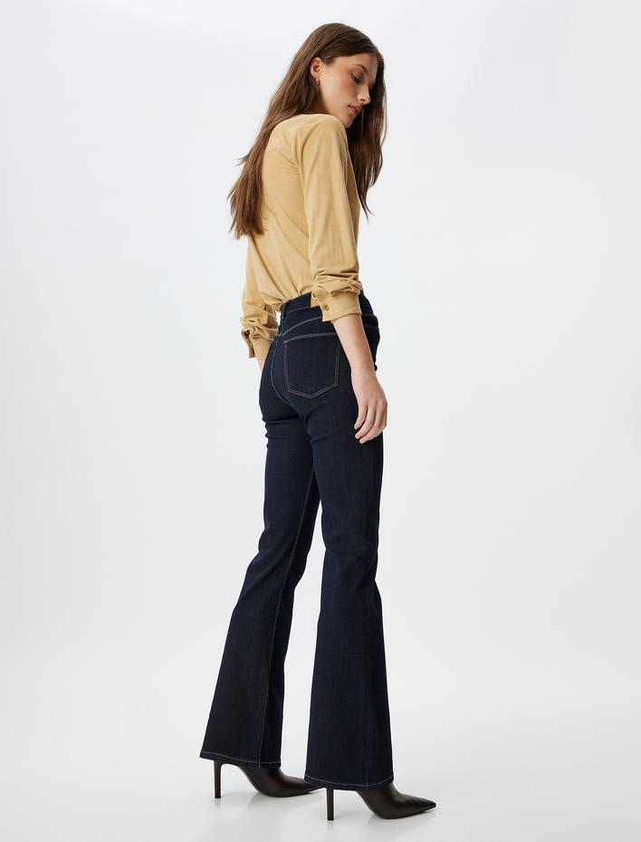  İspanyol Paça Kot Pantolon Standart Bel Slim Fit Düğmeli Cep Detaylı - Flare Jeans