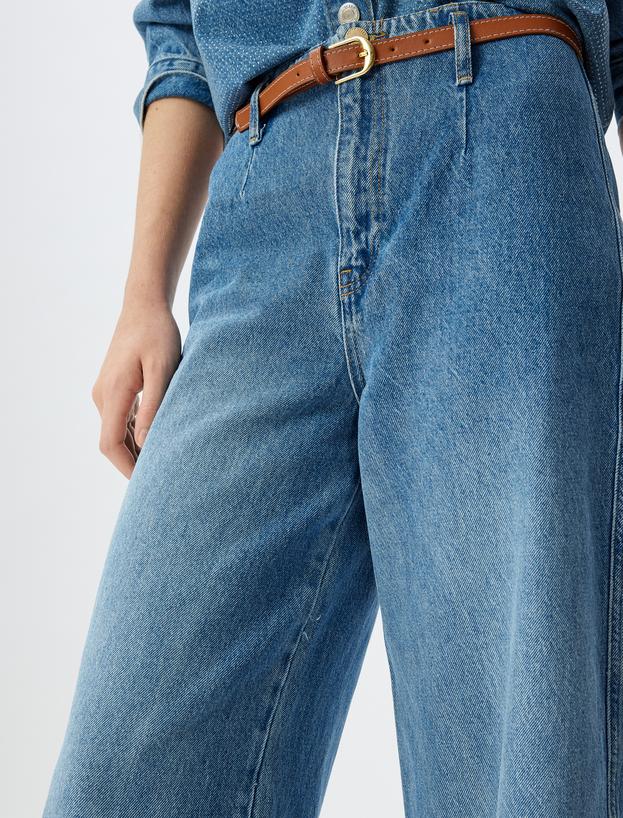 Geniş Kısa Paça Kot Pantolon Yüksek Bel Kemer Detaylı Düğmeli - Wide Leg Jeans_4