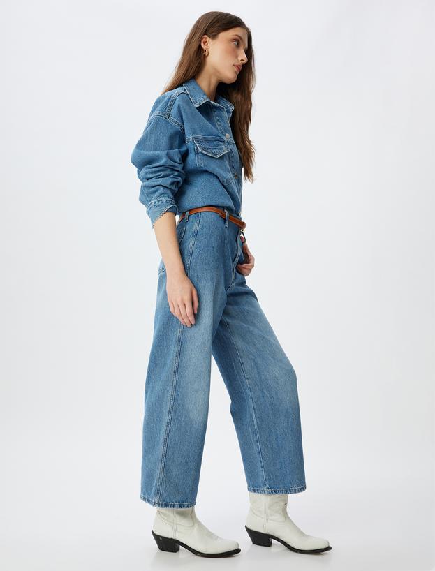 Geniş Kısa Paça Kot Pantolon Yüksek Bel Kemer Detaylı Düğmeli - Wide Leg Jeans_1