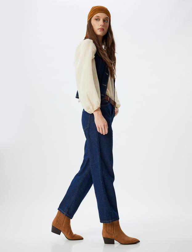 Standart Bel Düz Uzun Paça Düğmeli Pamuklu Kot Pantolon - Straight Fit Jeans_1