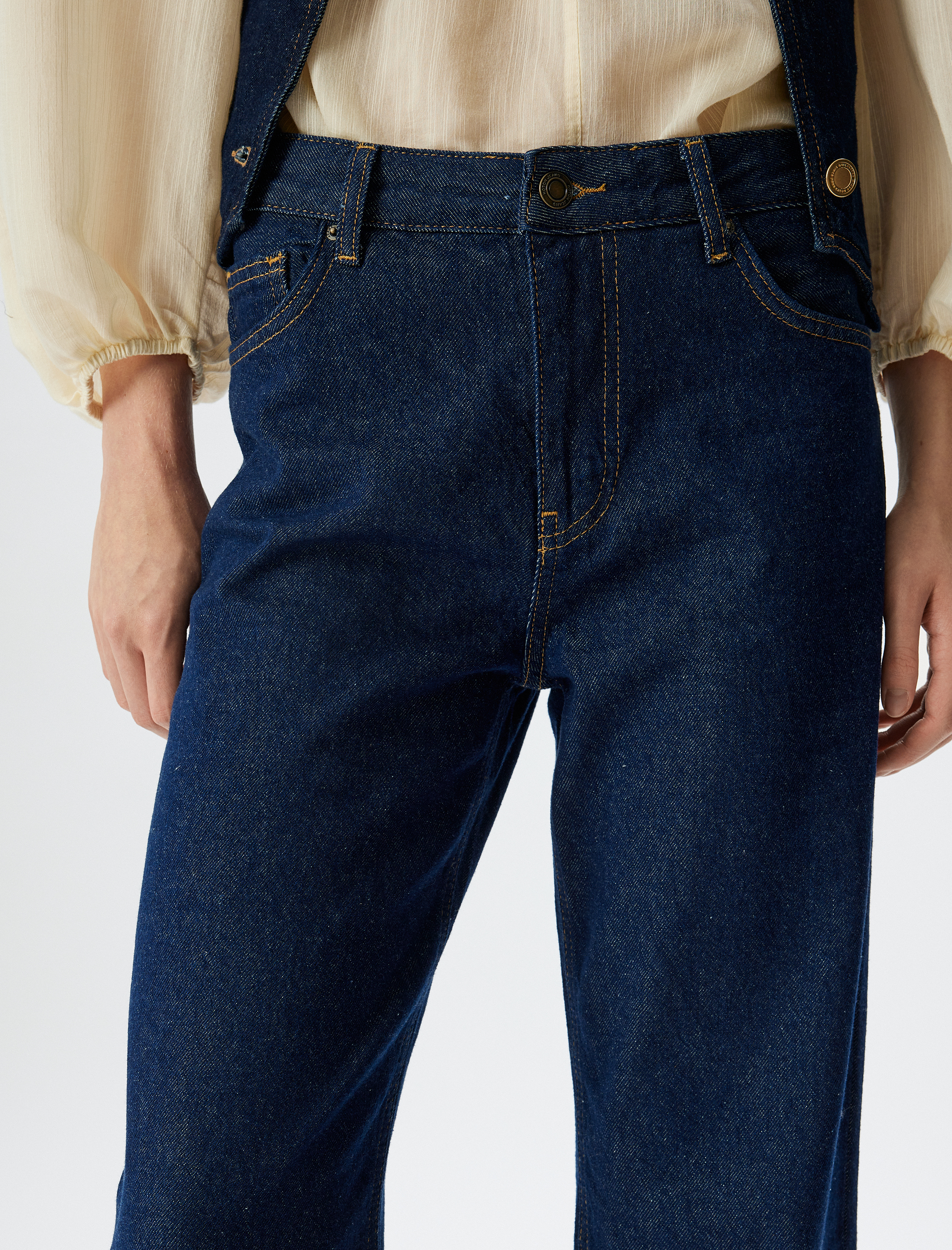 Standart Bel Düz Uzun Paça Düğmeli Pamuklu Kot Pantolon - Straight Fit Jeans