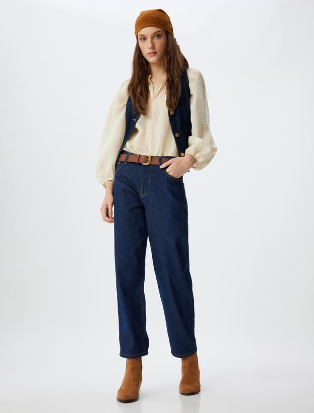 Standart Bel Düz Uzun Paça Düğmeli Pamuklu Kot Pantolon - Straight Fit Jeans_0