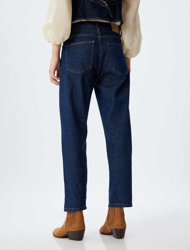 Standart Bel Düz Uzun Paça Düğmeli Pamuklu Kot Pantolon - Straight Fit Jeans_3