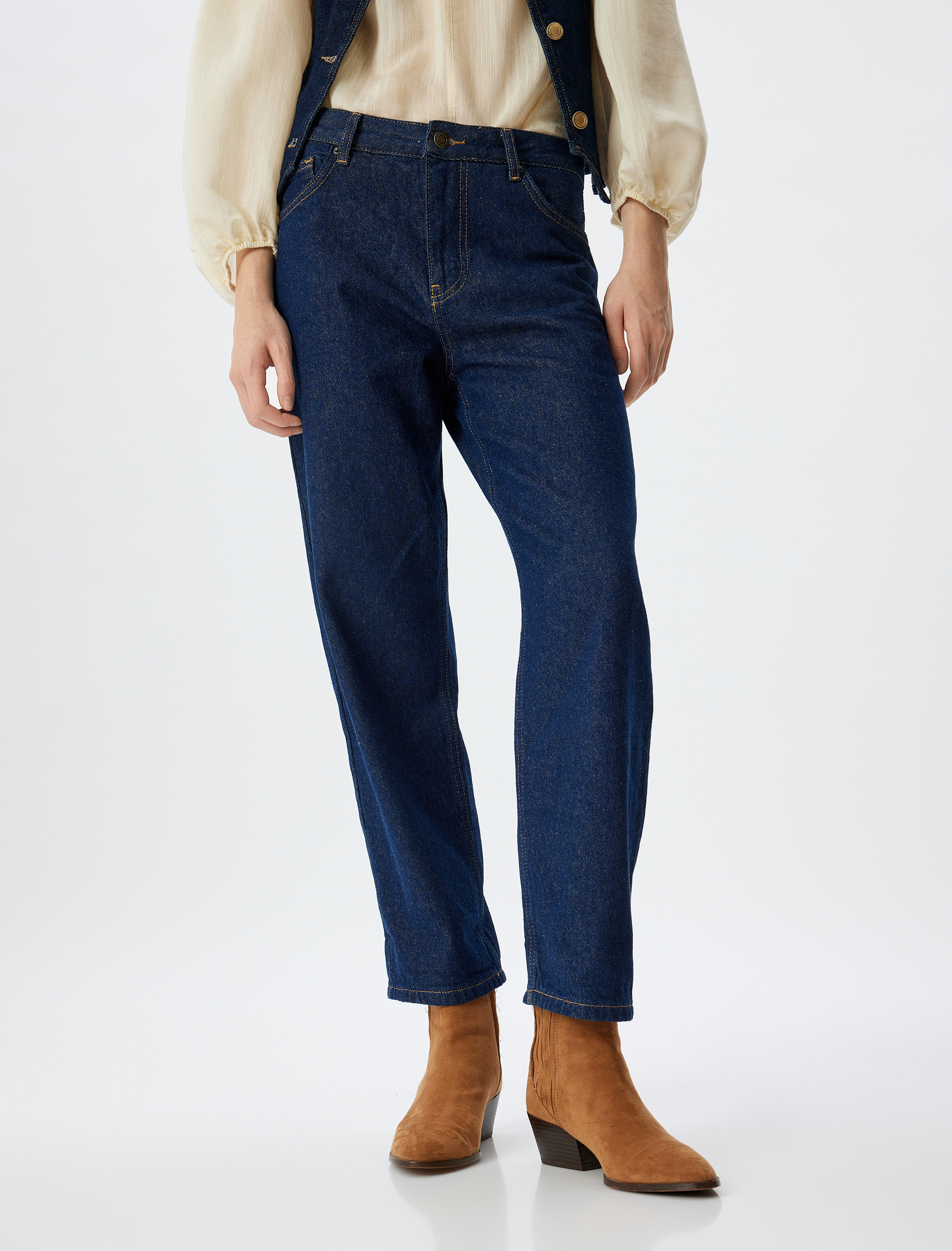 Standart Bel Düz Uzun Paça Düğmeli Pamuklu Kot Pantolon - Straight Fit Jeans