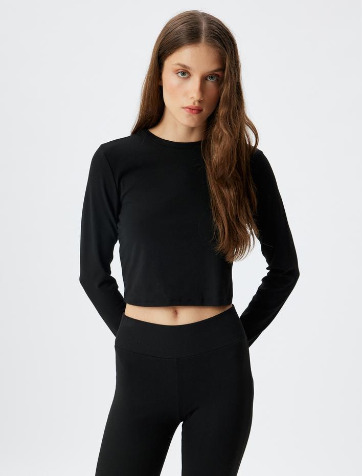  Crop Örme Pijama Üstü Rahat Kalıp Uzun Kollu Bisiklet Yaka