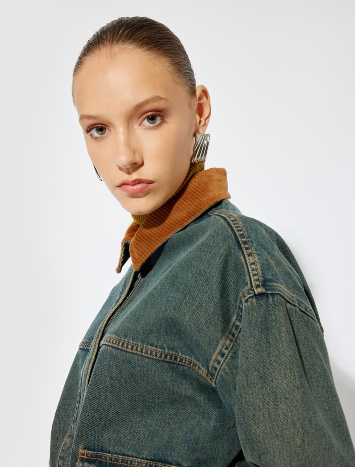  Koton X Sima Tarkan - Oversize Yaka Detaylı Cepli Kot Ceket