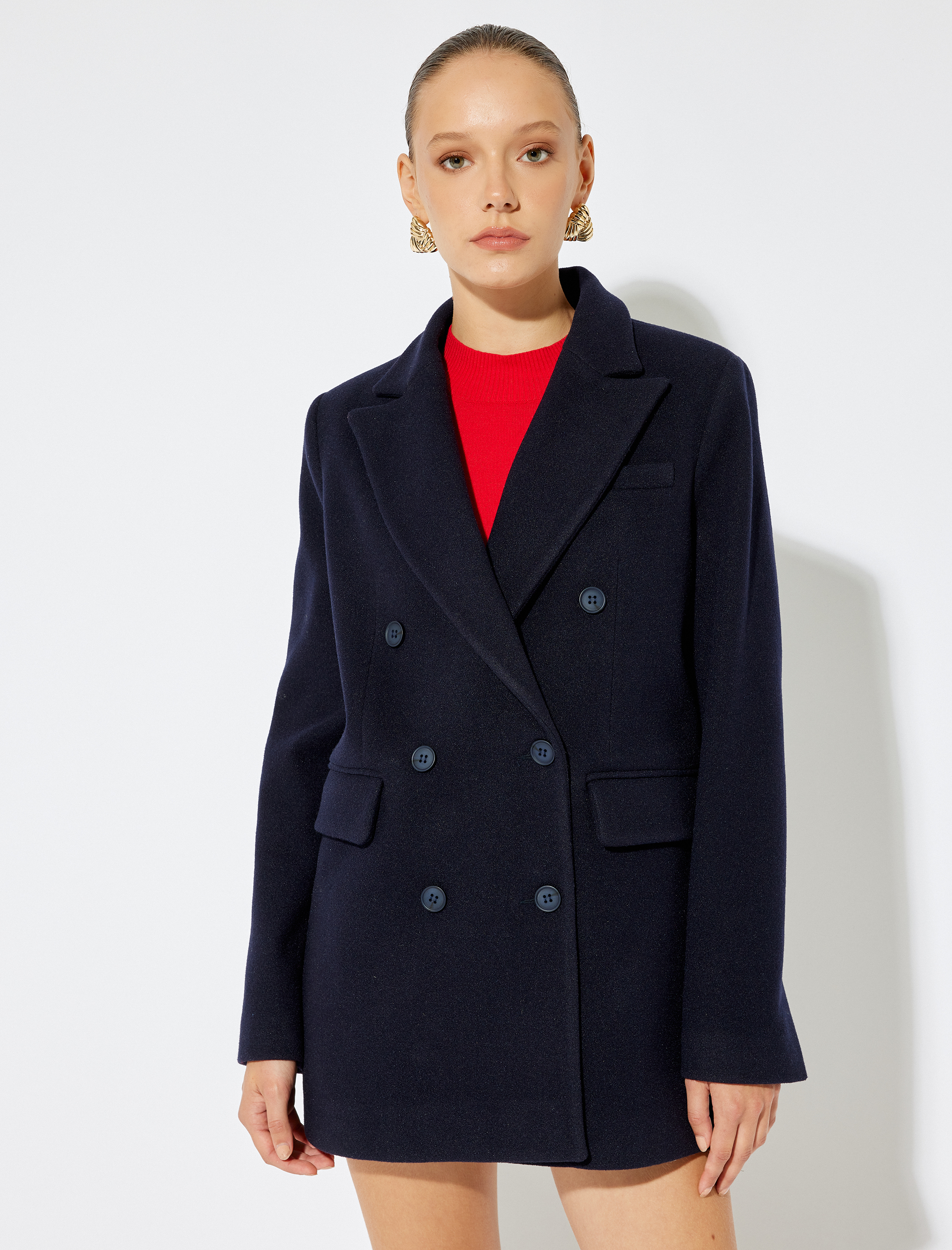 Koton X Sima Tarkan - Düğmeli Cepli Kruvaze Kaşe Kaban