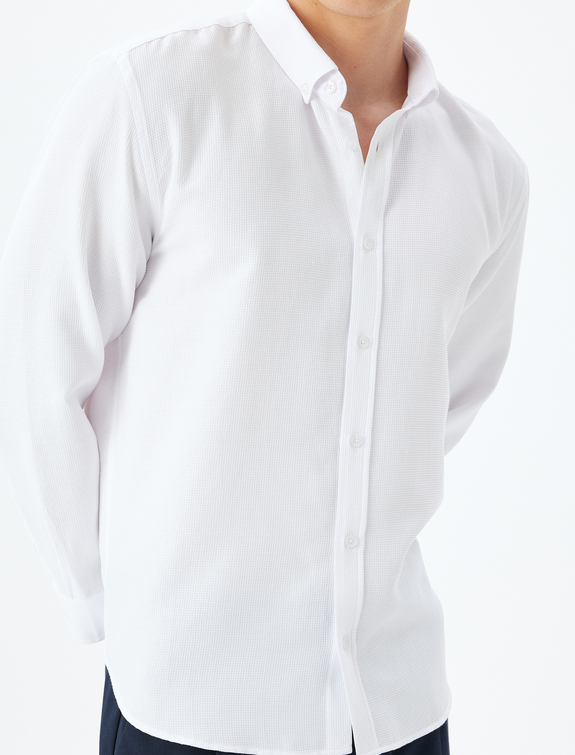   Uzun Kollu Gömlek Düğmeli Yaka Dokulu Pamuk Karışımlı Regular Fit