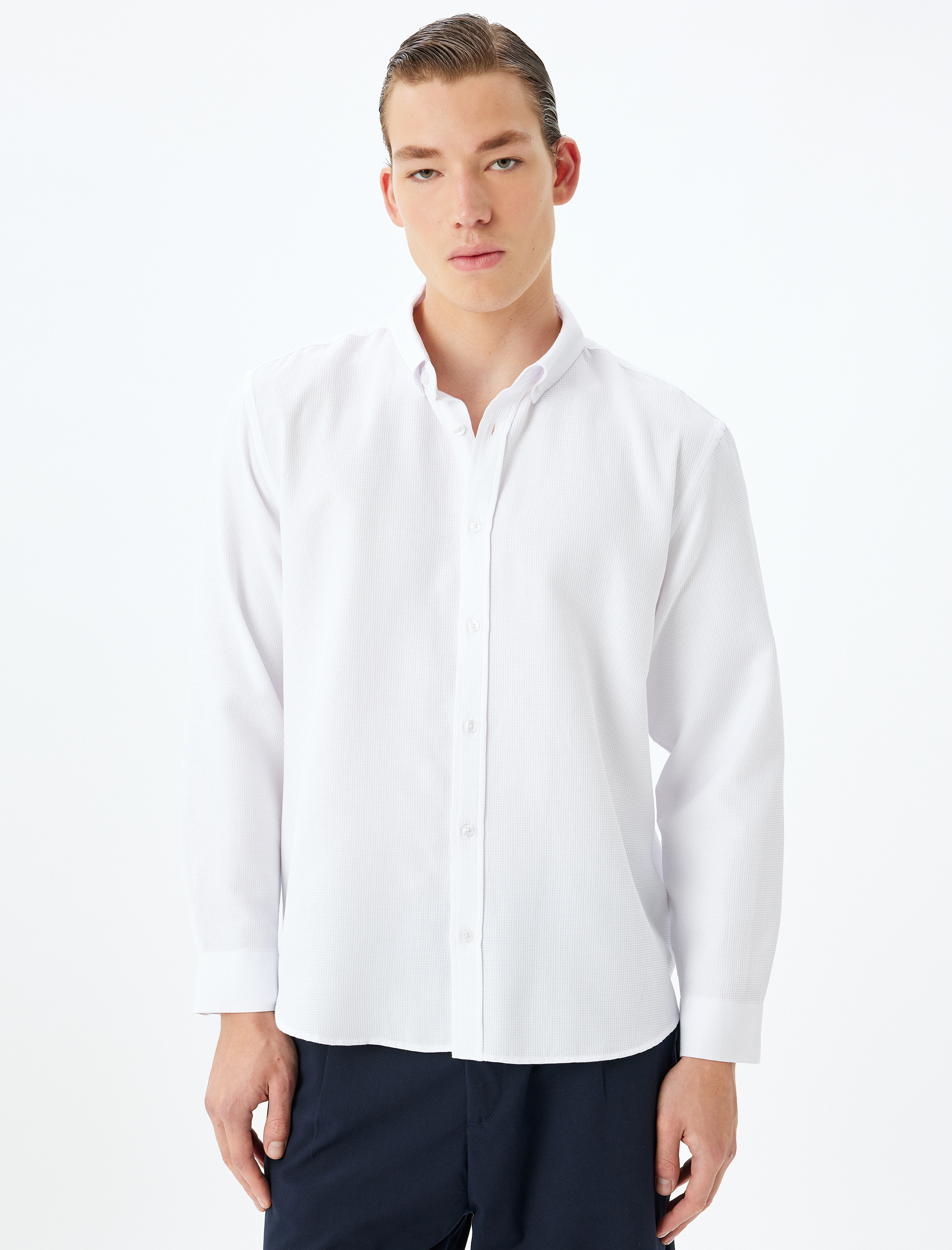   Uzun Kollu Gömlek Düğmeli Yaka Dokulu Pamuk Karışımlı Regular Fit