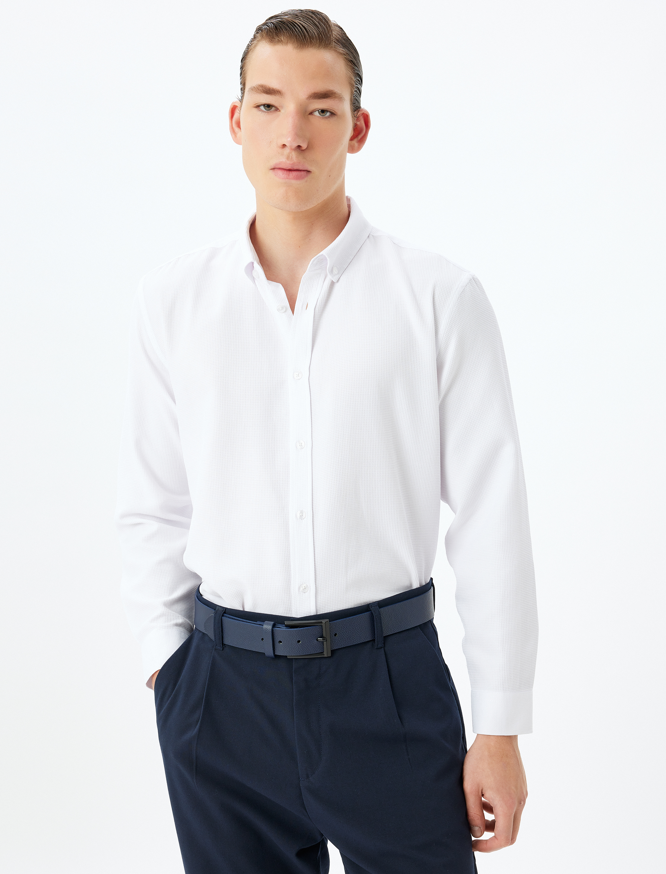   Uzun Kollu Gömlek Düğmeli Yaka Dokulu Pamuk Karışımlı Regular Fit