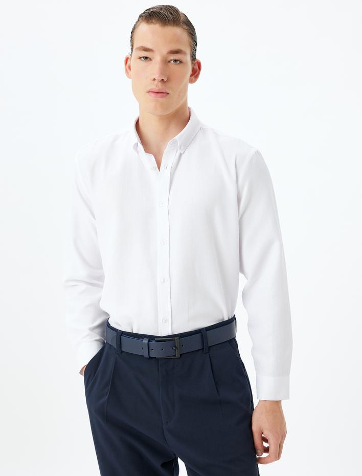  Uzun Kollu Gömlek Düğmeli Yaka Dokulu Pamuk Karışımlı Regular Fit