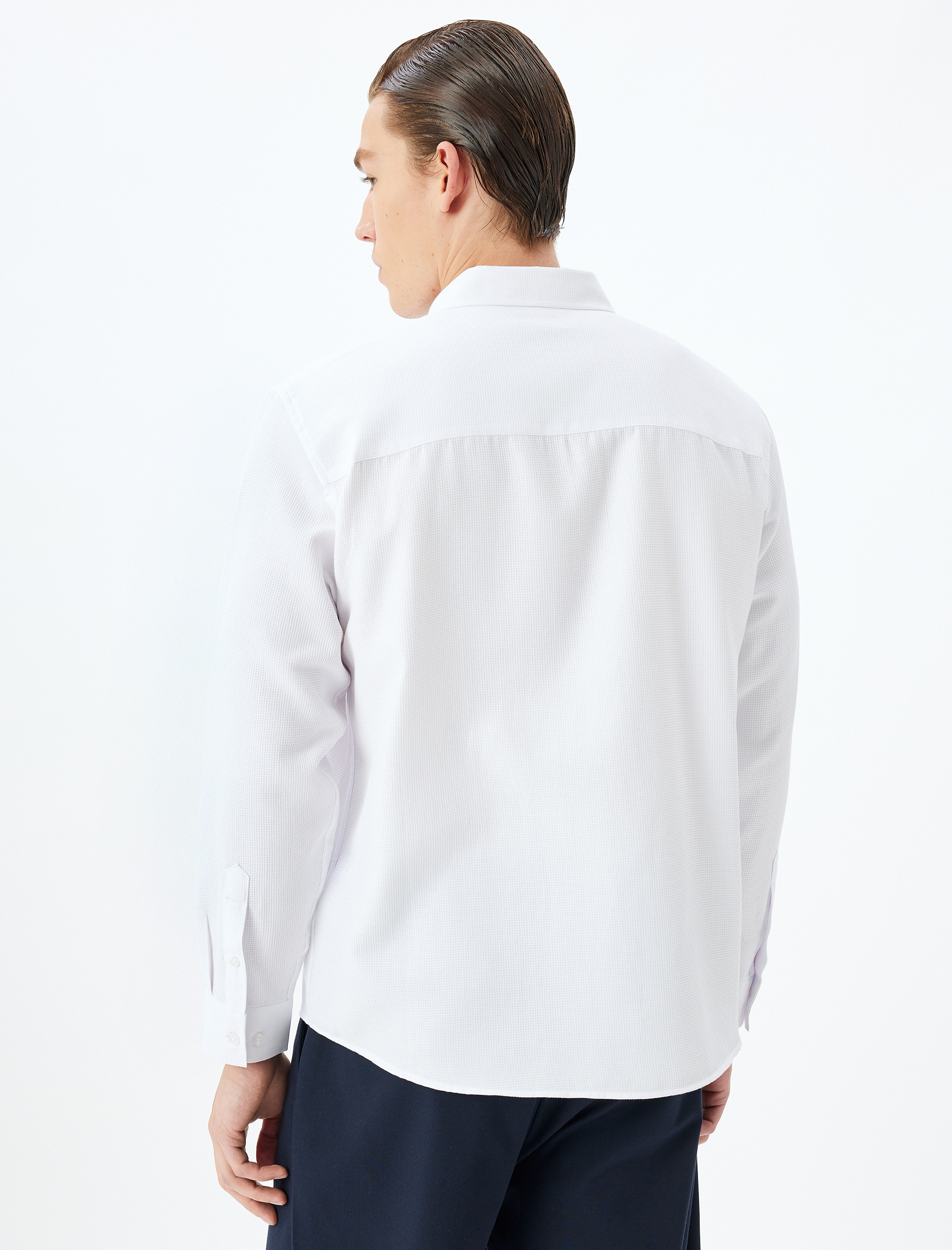   Uzun Kollu Gömlek Düğmeli Yaka Dokulu Pamuk Karışımlı Regular Fit