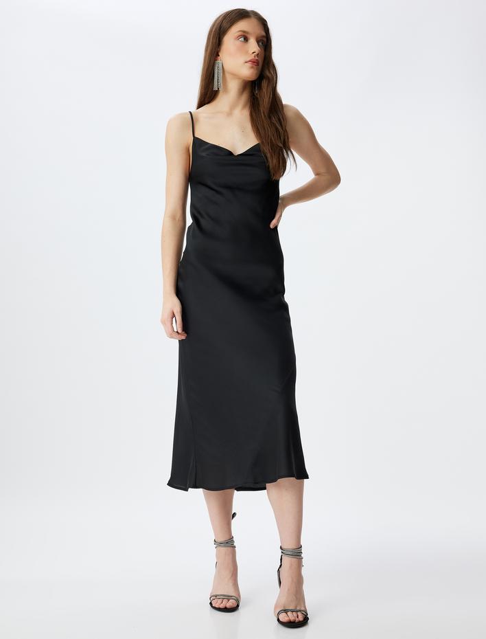  Saten Elbise Uzun Degaje Yaka İp Askılı Dikiş Detaylı