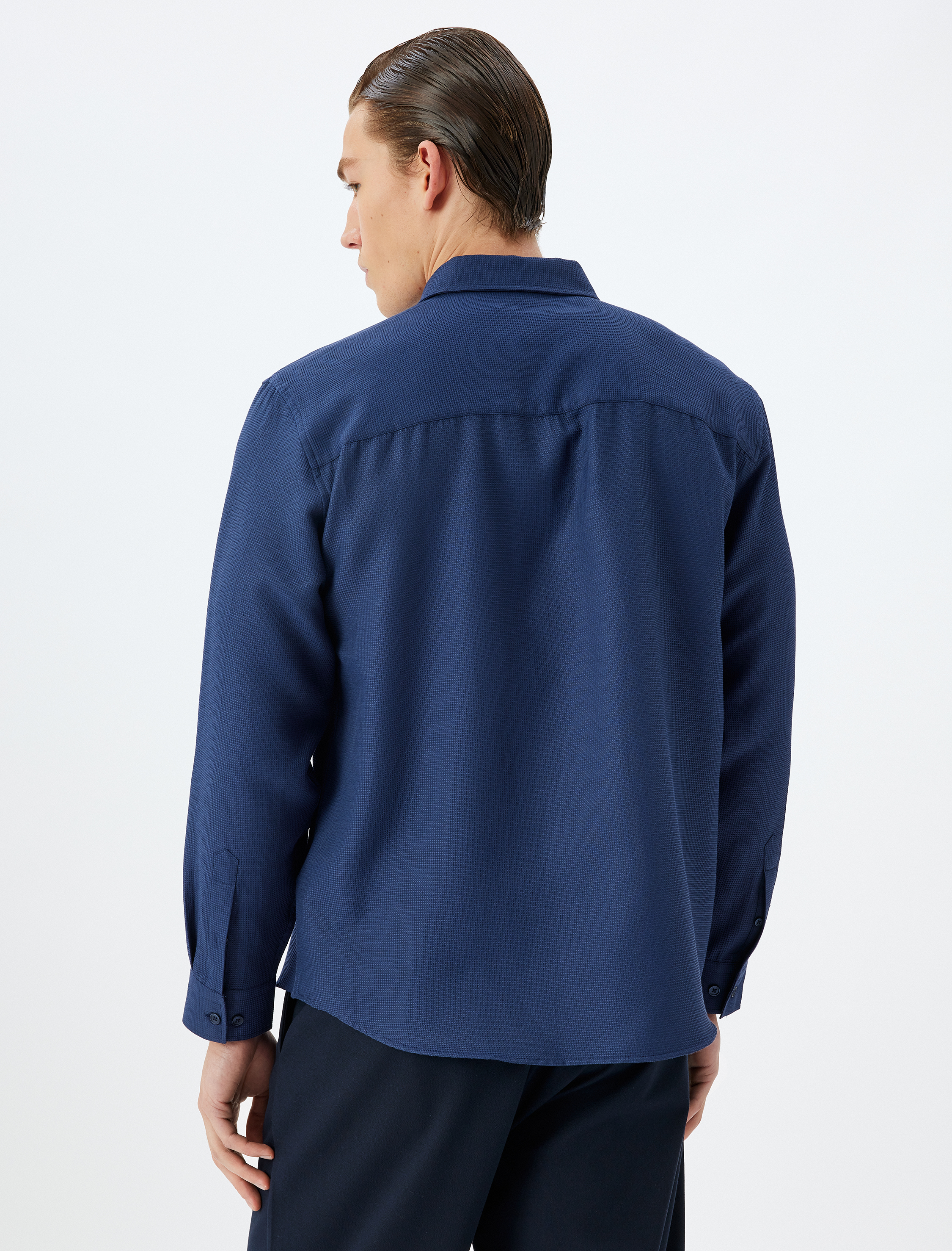   Uzun Kollu Gömlek Düğmeli Yaka Dokulu Pamuk Karışımlı Regular Fit