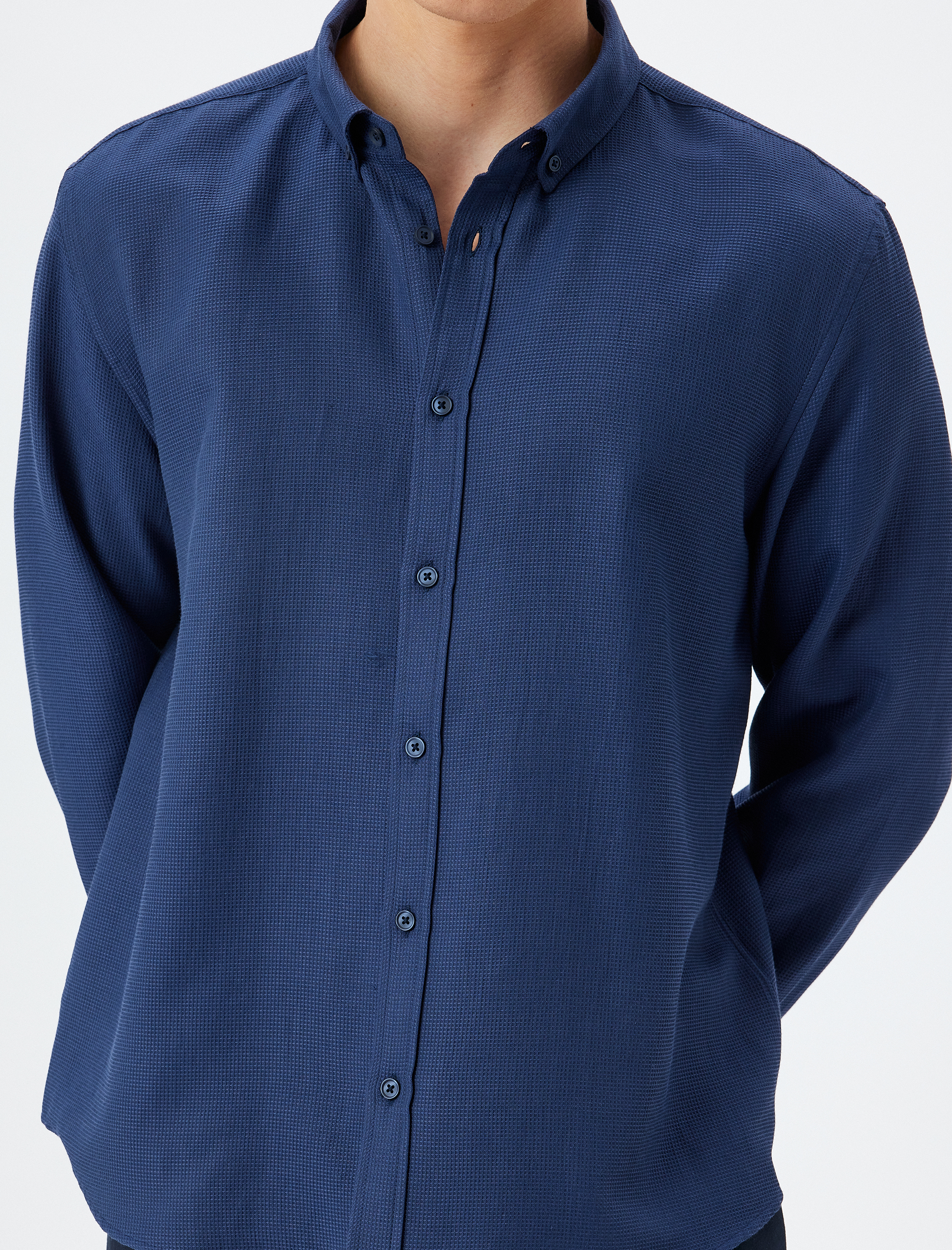   Uzun Kollu Gömlek Düğmeli Yaka Dokulu Pamuk Karışımlı Regular Fit