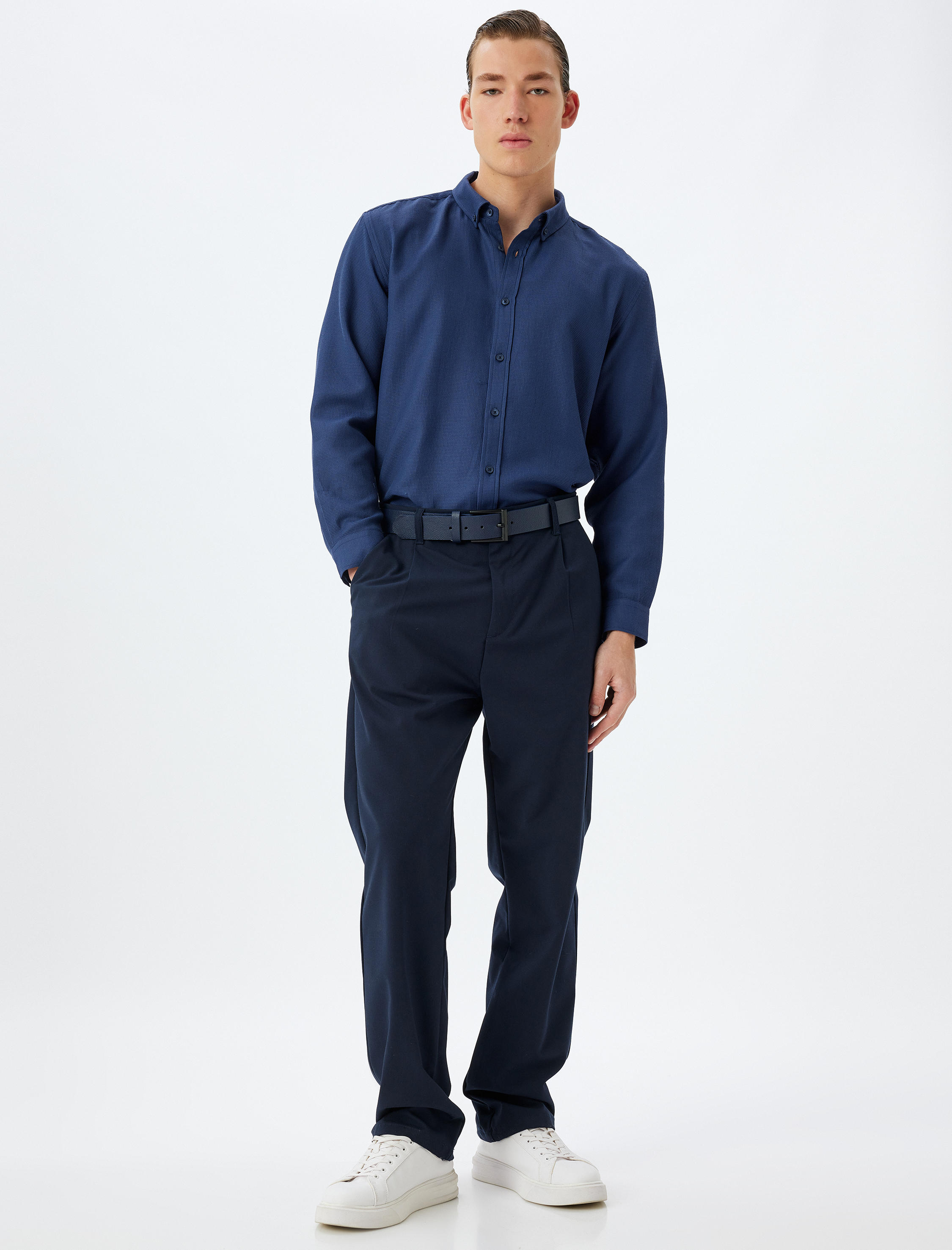   Uzun Kollu Gömlek Düğmeli Yaka Dokulu Pamuk Karışımlı Regular Fit