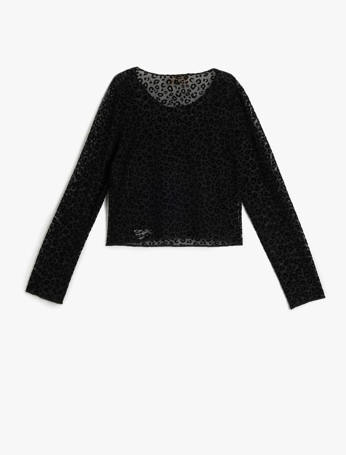 Kız Çocuk Leopar Desenli Uzun Kollu Bisiklet Yaka Tüllü Crop Tişört