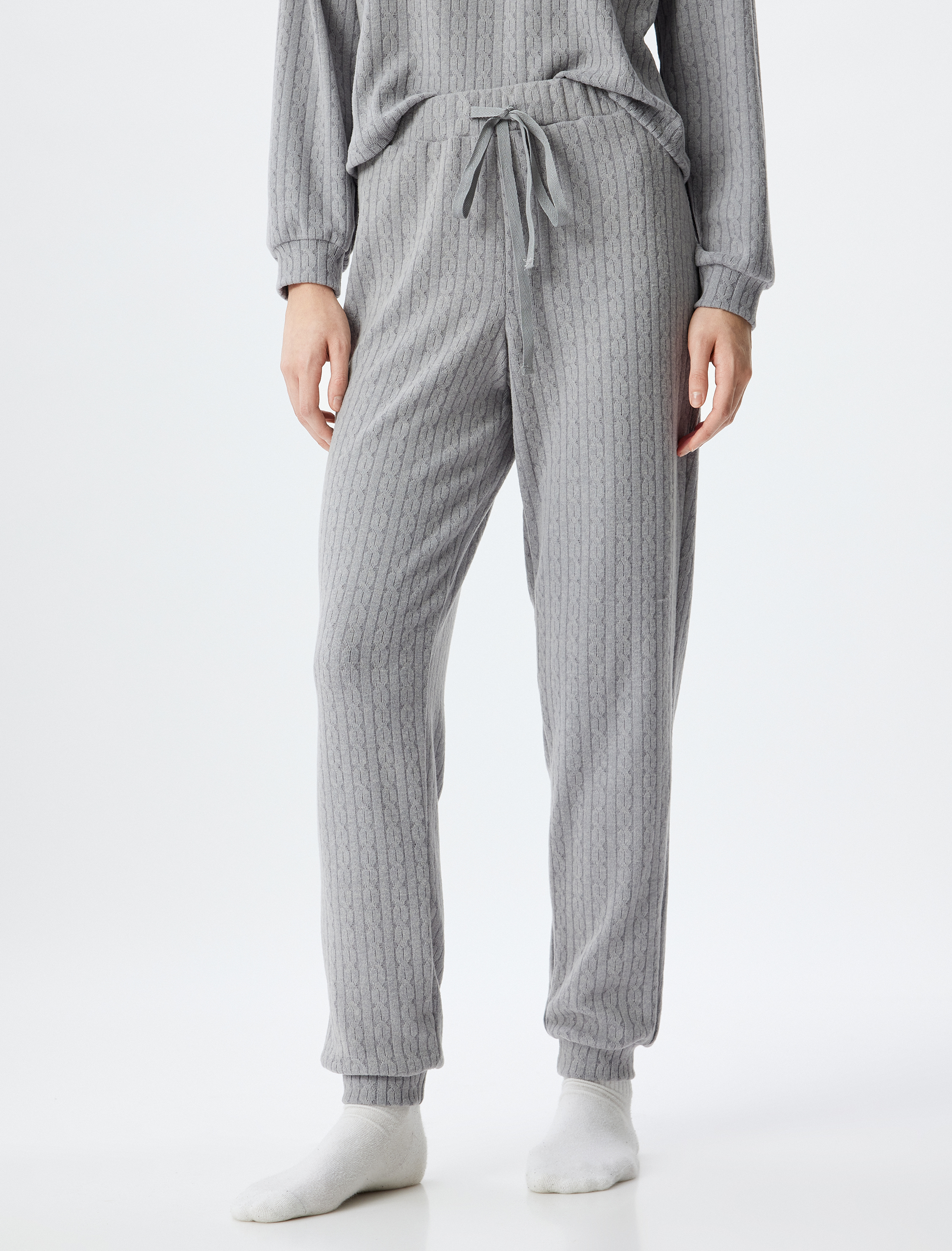   Örme Jogger Pijama Altı Beli Lastikli Bağlamalı Rahat Kalıp