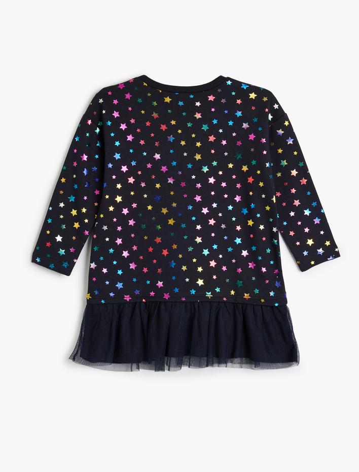 Kız Çocuk Elbise Tütü Etek Detaylı Yuvarlak Yaka Uzun Kollu Yıldız Baskılı