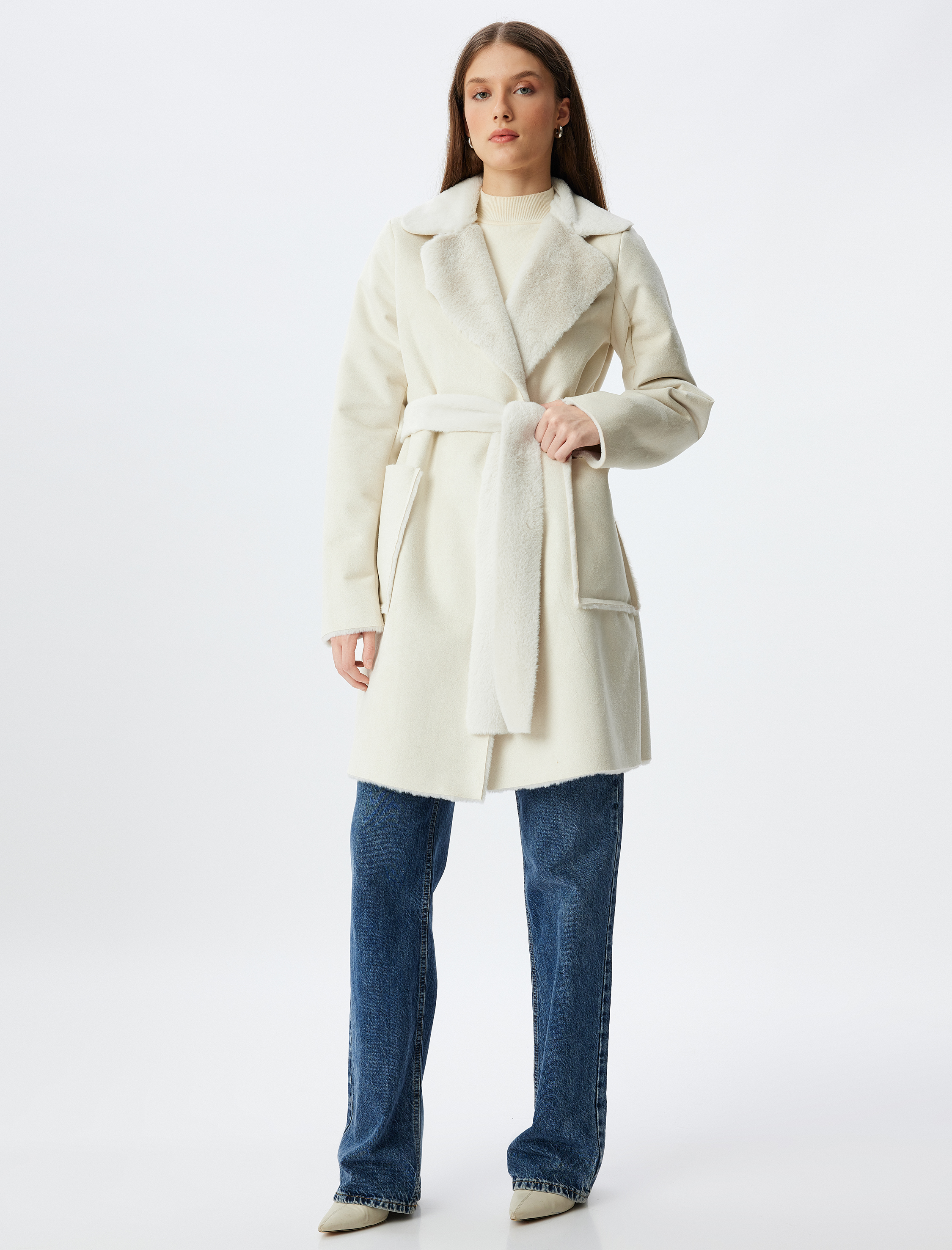   Süet Görünümlü Kaban İçi Suni Kürklü Kemer Detaylı Cepli