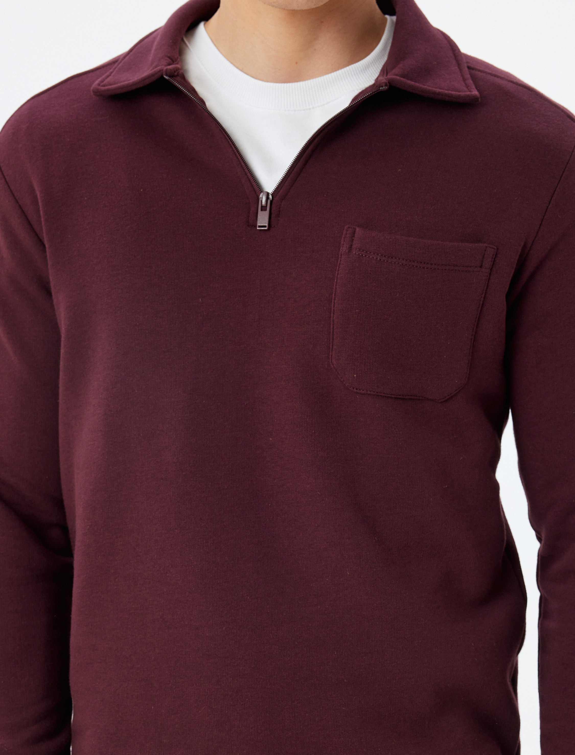   Polo Yaka Sweatshirt Yarım Fermuarlı Basic Uzun Kollu Cep Detaylı Pamuk Karışımlı Şardonlu