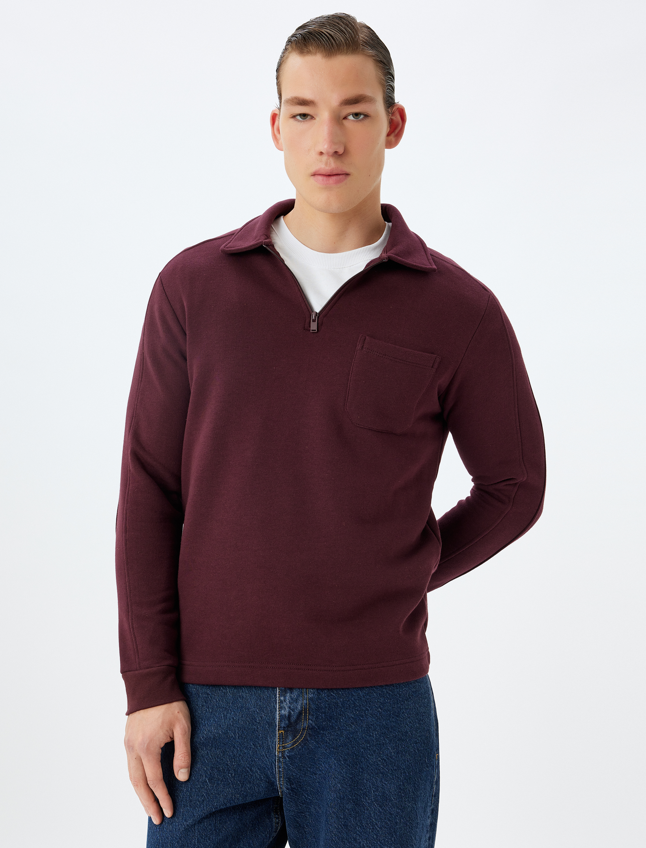   Polo Yaka Sweatshirt Yarım Fermuarlı Basic Uzun Kollu Cep Detaylı Pamuk Karışımlı Şardonlu