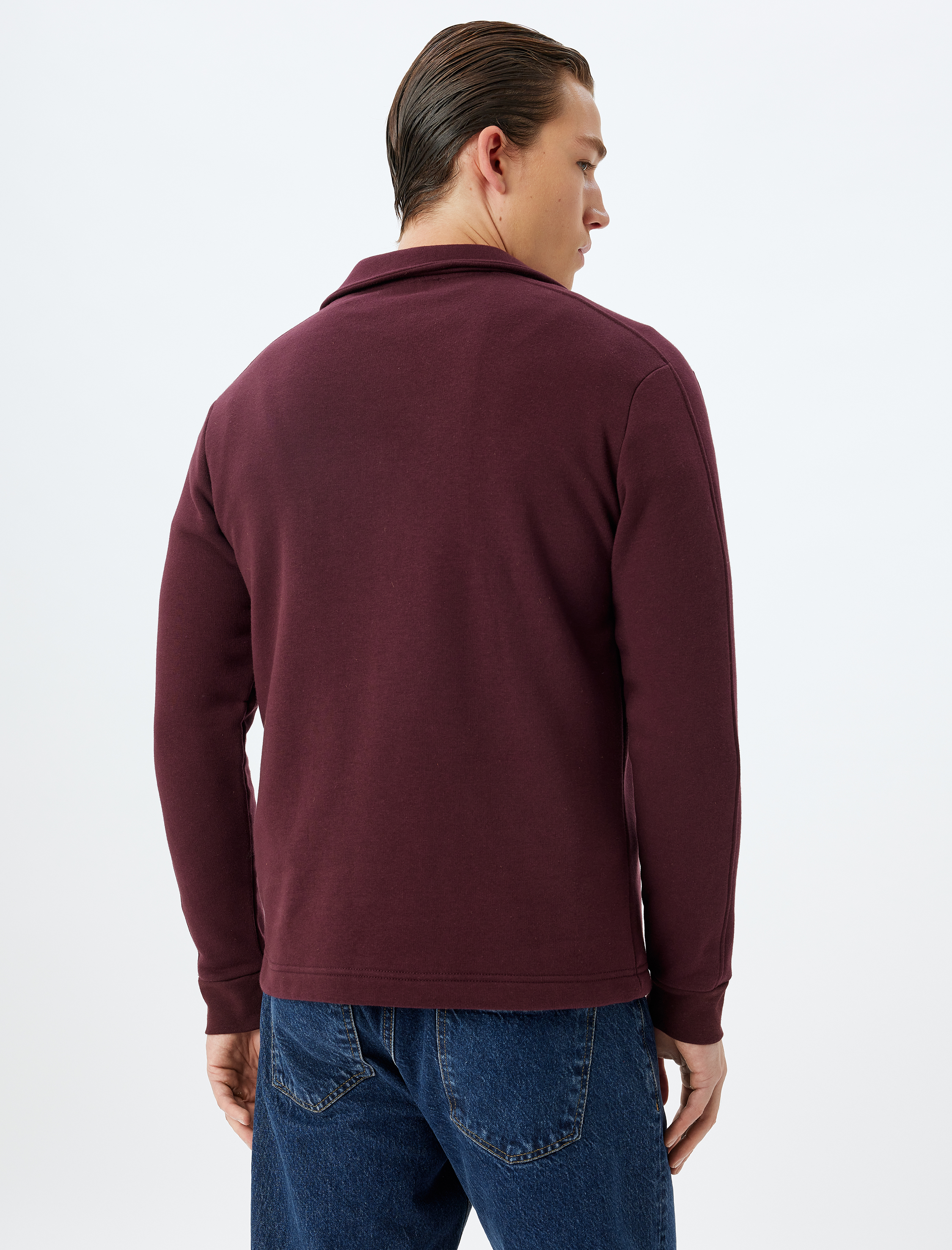   Polo Yaka Sweatshirt Yarım Fermuarlı Basic Uzun Kollu Cep Detaylı Pamuk Karışımlı Şardonlu