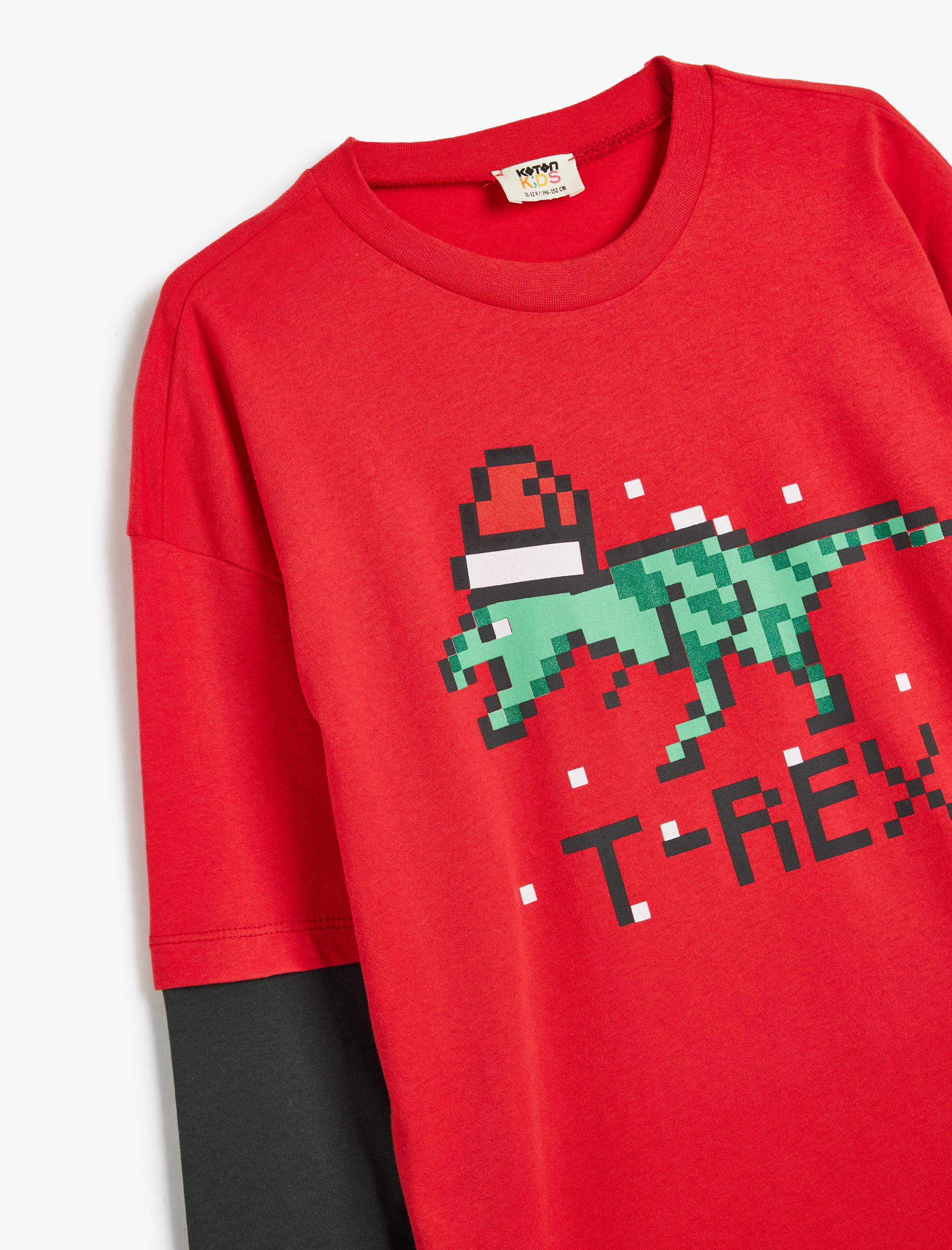  Erkek Çocuk Dinozor Baskılı Bisiklet Yaka Uzun Kollu Pamuklu Tişört