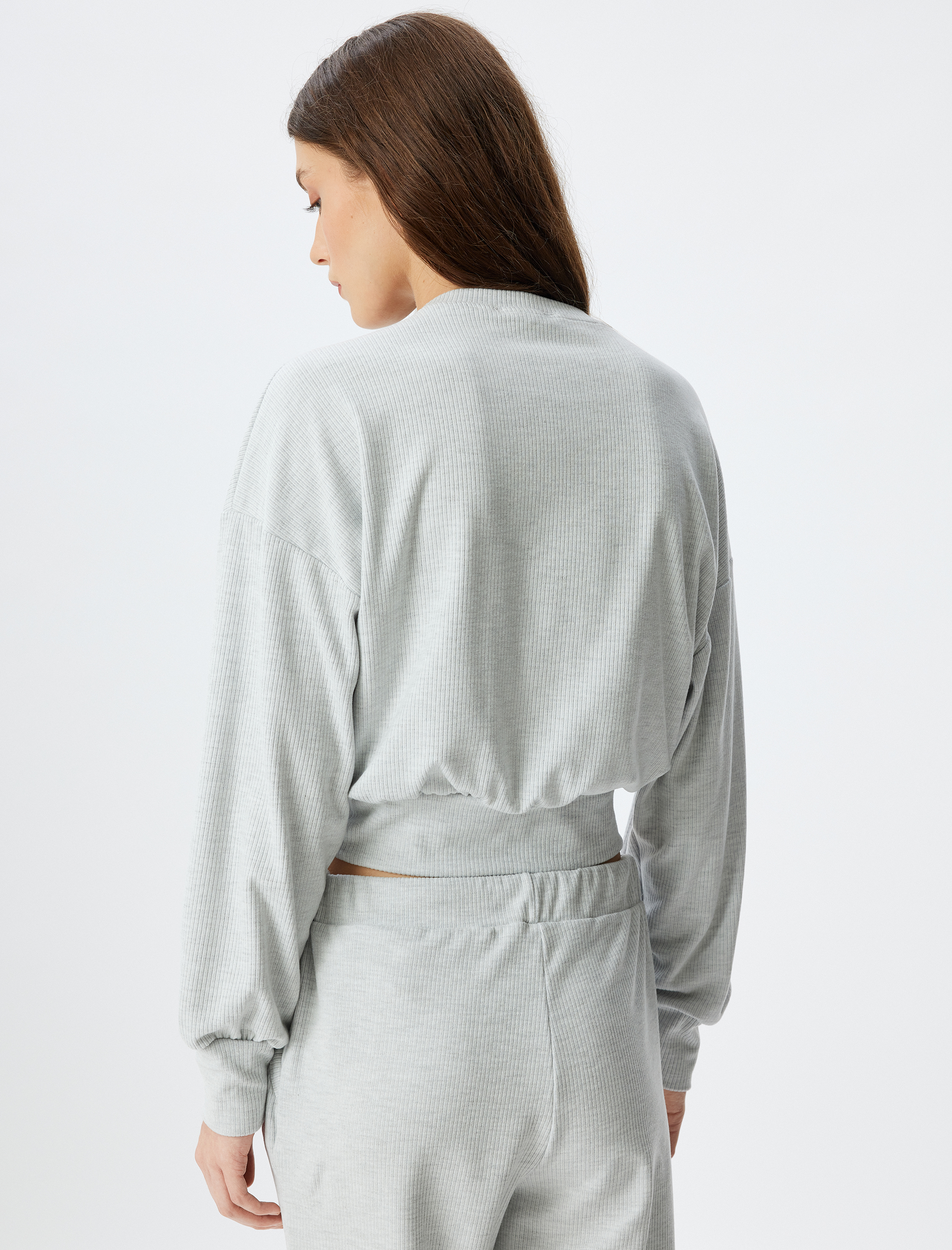 Örme Pijama Üstü Fitilli Uzun Kollu Bisiklet Yaka Rahat Kalıp