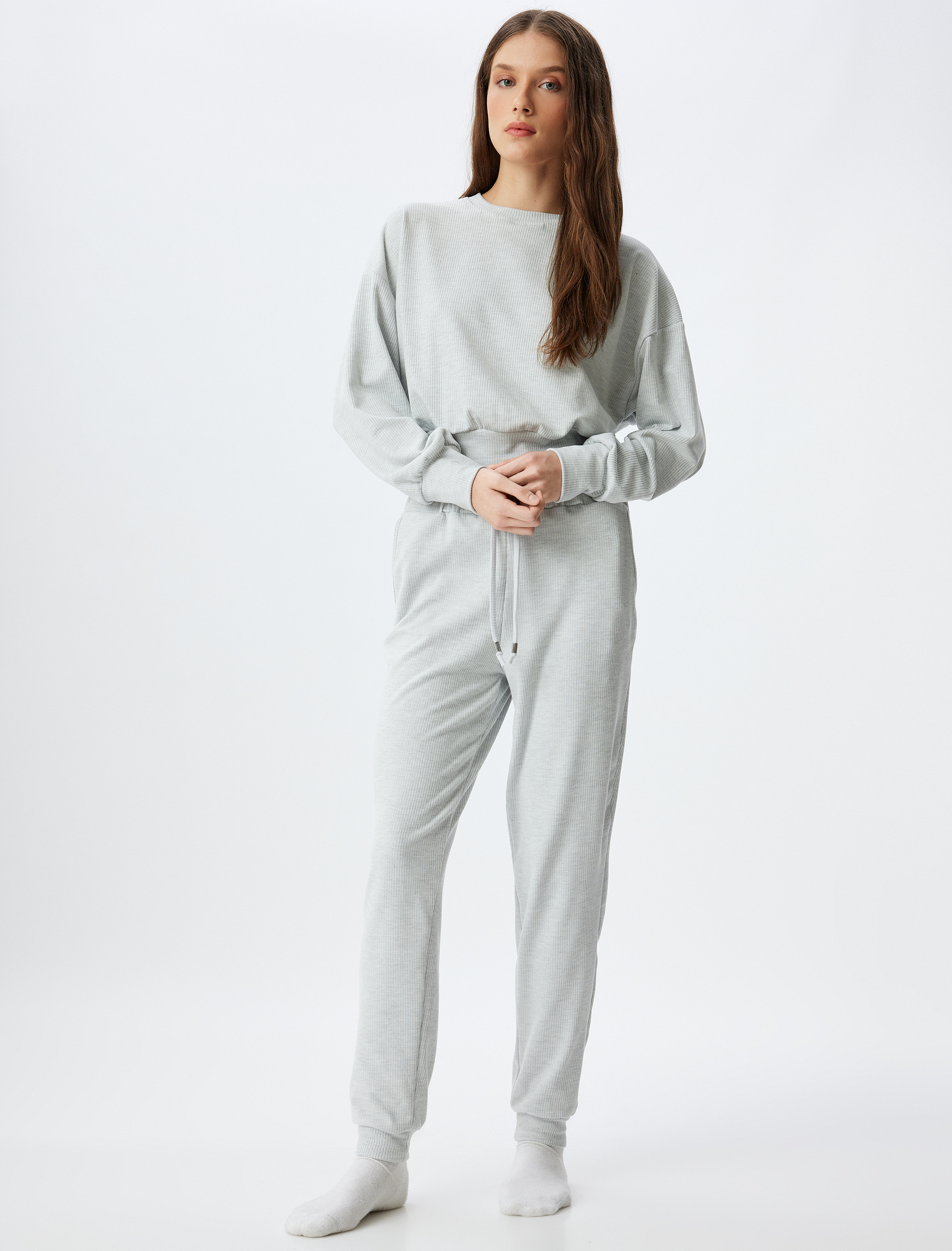 Örme Pijama Üstü Fitilli Uzun Kollu Bisiklet Yaka Rahat Kalıp
