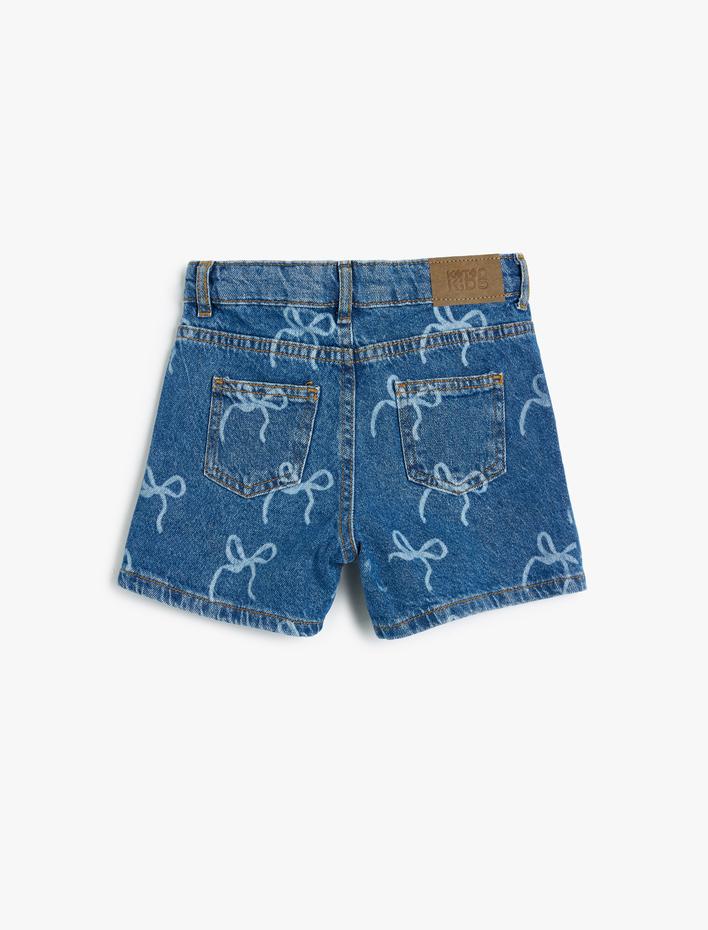 Kız Çocuk Kot Şort Fiyonk Baskılı Cepli Pamuklu