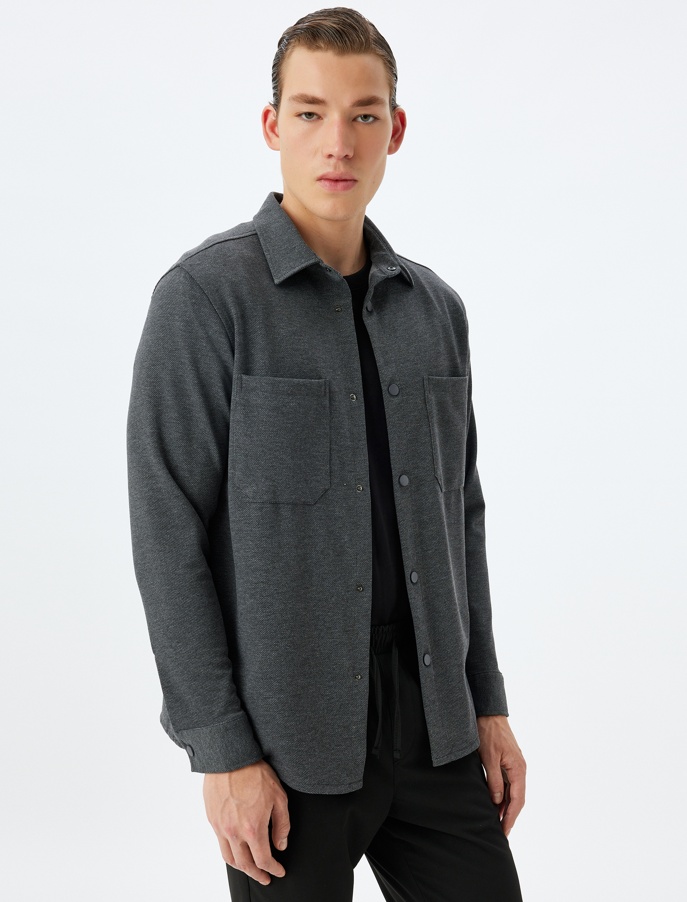   Uzun Kollu Gömlek Cep Detaylı Çıtçıt Düğmeli Viskon Karışımlı Regular Fit