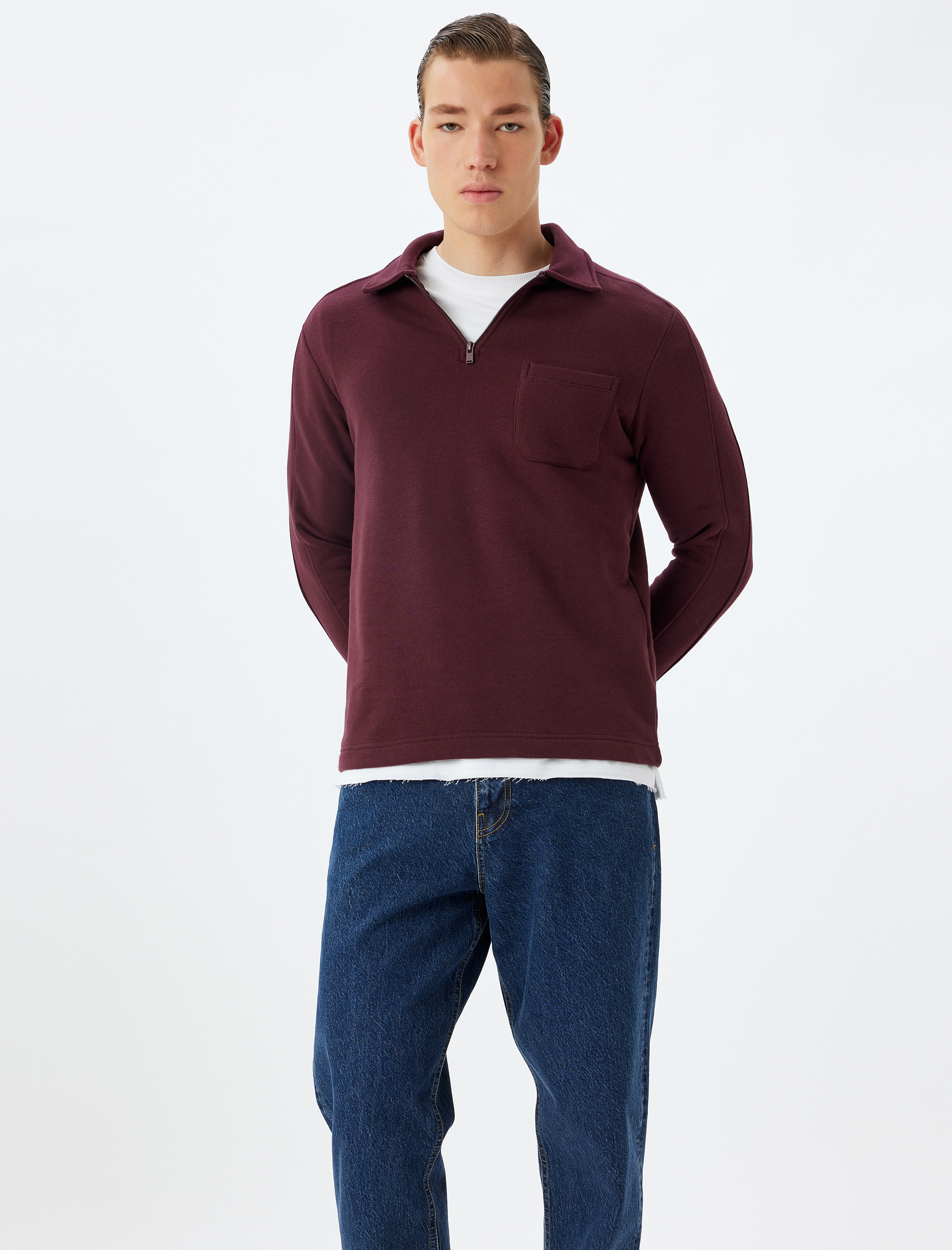   Polo Yaka Sweatshirt Yarım Fermuarlı Basic Uzun Kollu Cep Detaylı Pamuk Karışımlı Şardonlu