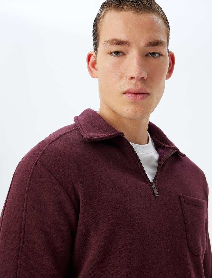   Polo Yaka Sweatshirt Basic Uzun Kollu Cep Detaylı Pamuk Karışımlı