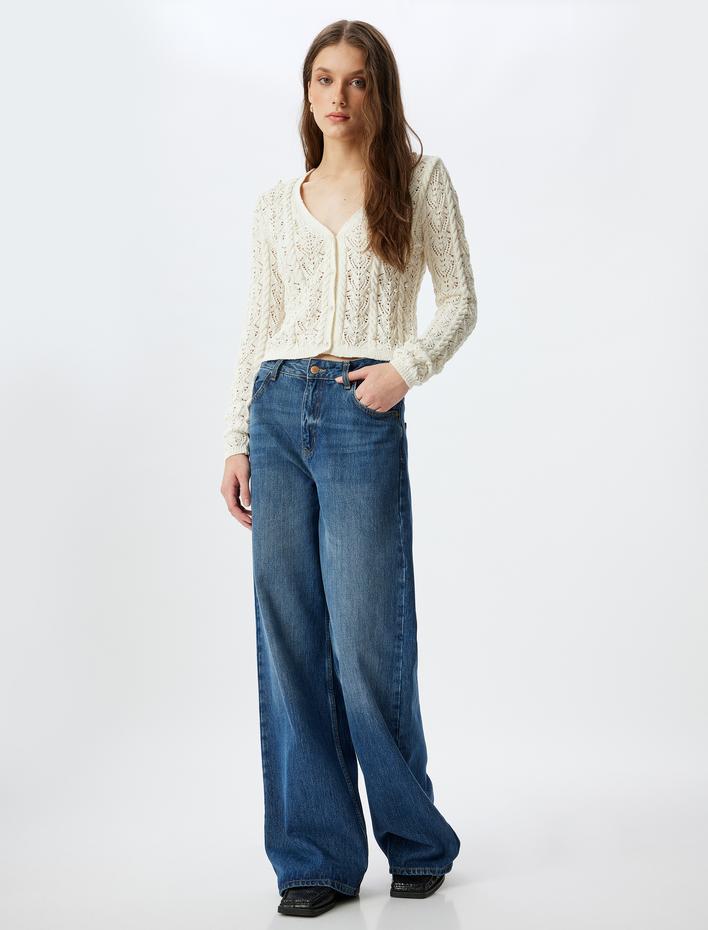  Ajurlu Örme Hırka V Yaka İnci İşleme Detaylı Uzun Kollu