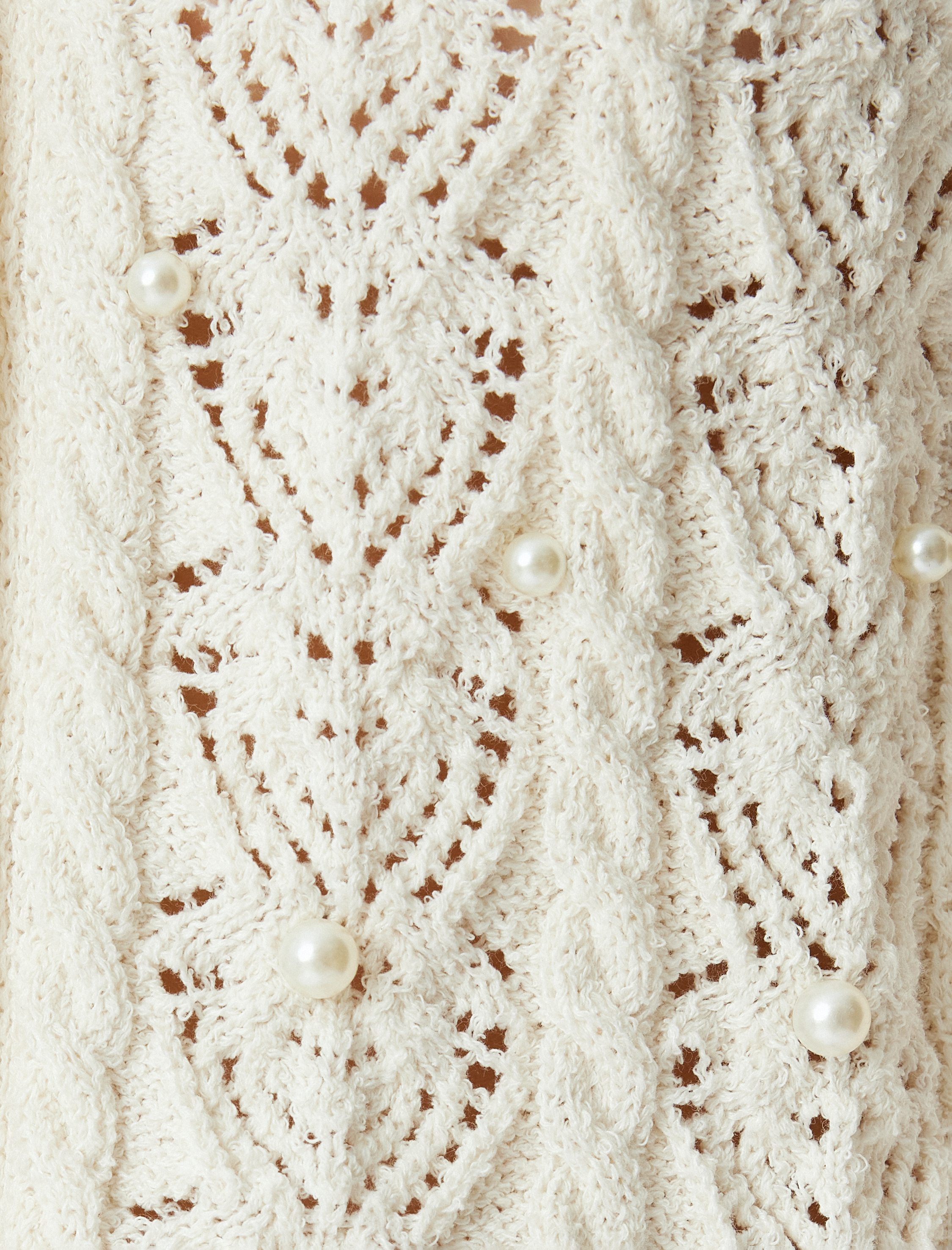 Ajurlu Örme Hırka V Yaka İnci İşleme Detaylı Uzun Kollu