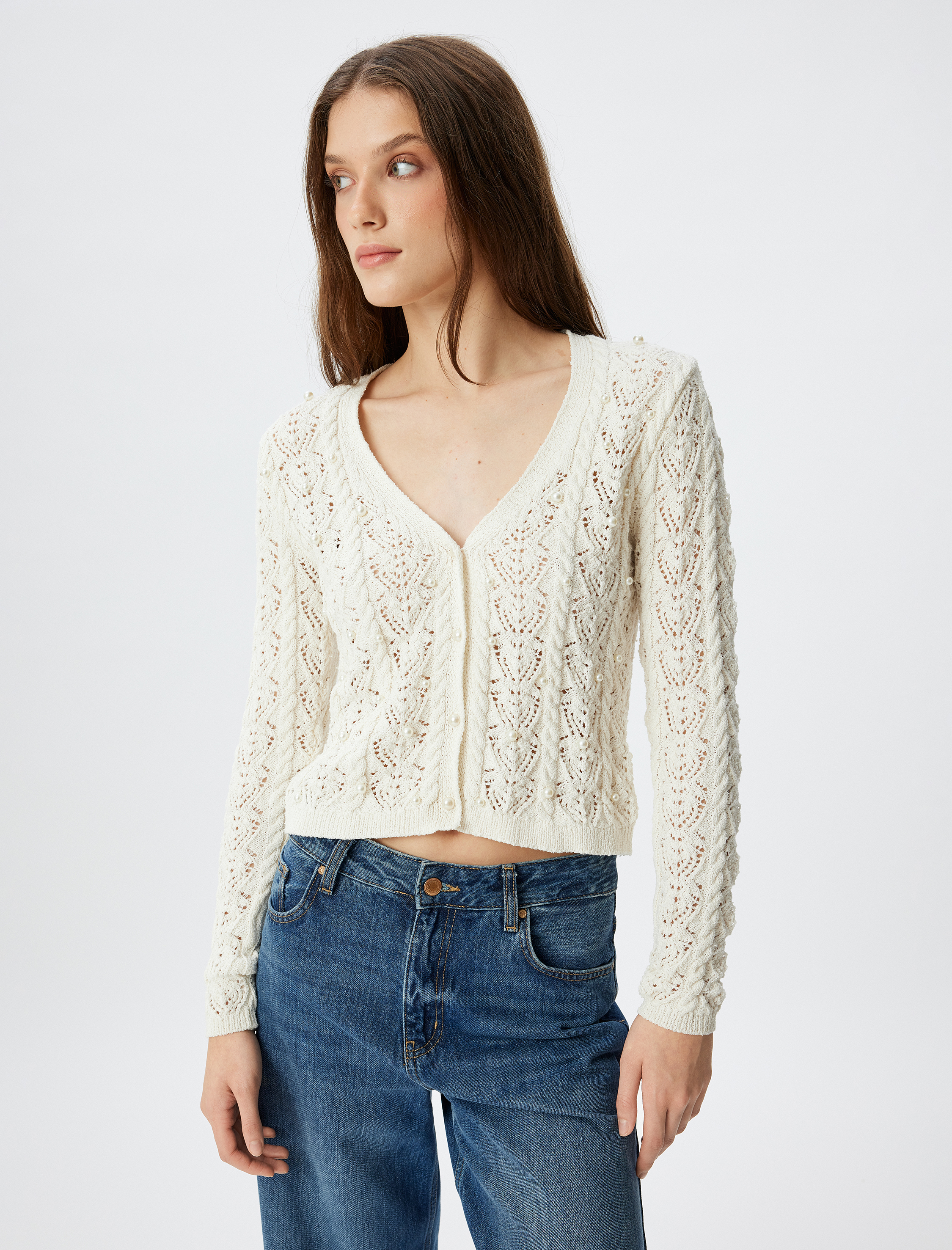 Ajurlu Örme Hırka V Yaka İnci İşleme Detaylı Uzun Kollu