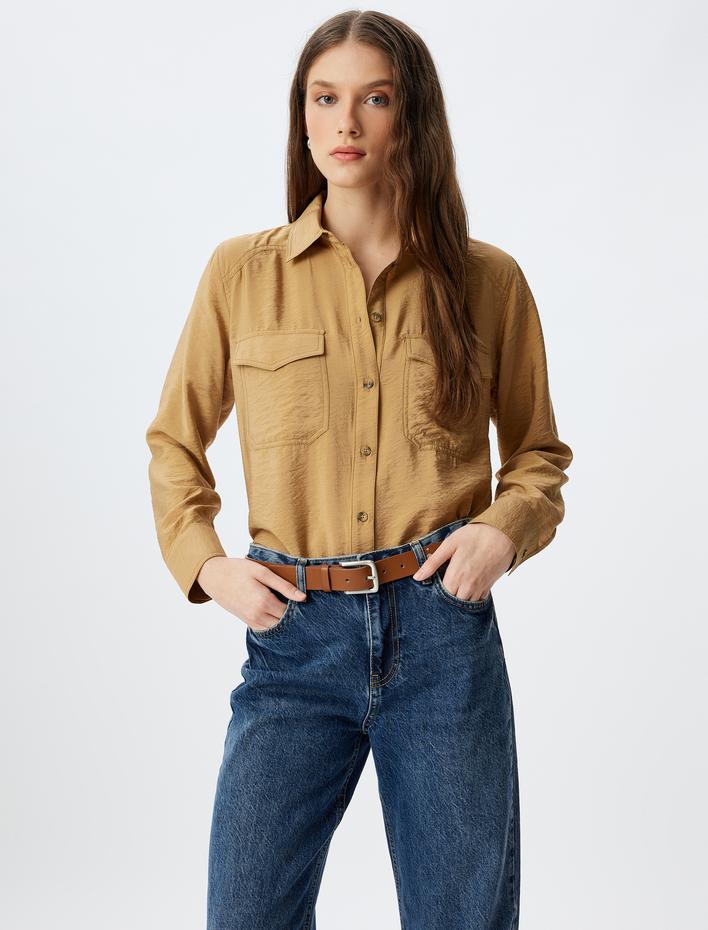  Viskon Oversize Gömlek Kapaklı Cep Detaylı Dokulu Uzun Kollu