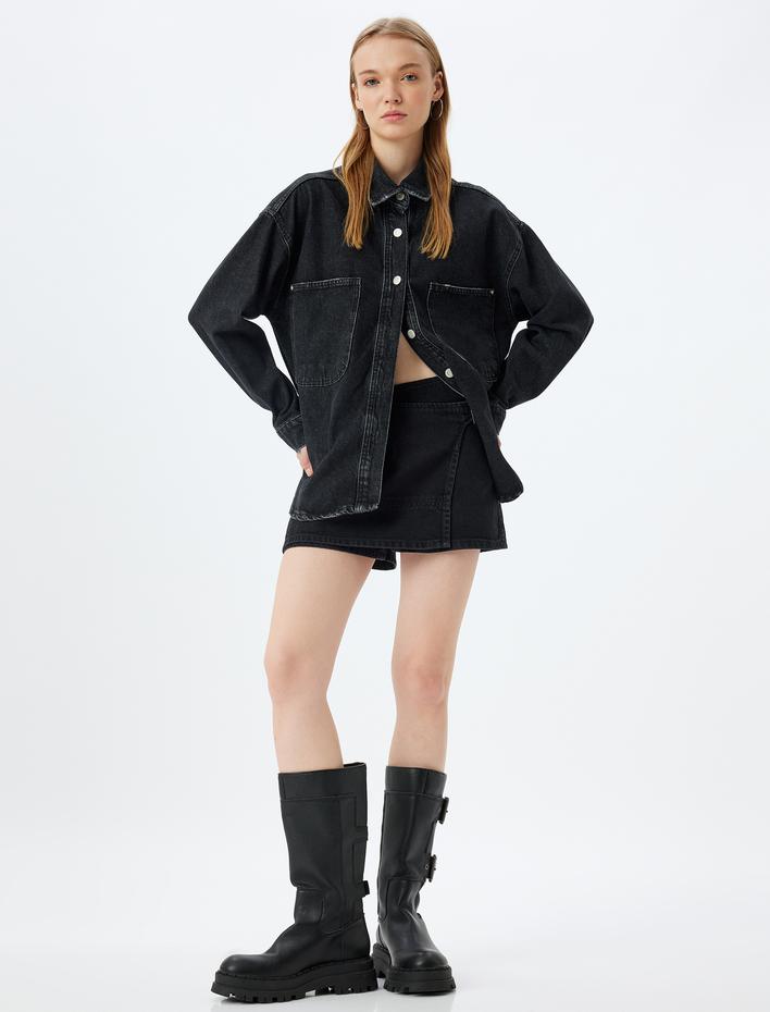  Asimetrik Kemer Detaylı Siyah Kot Şort Etek