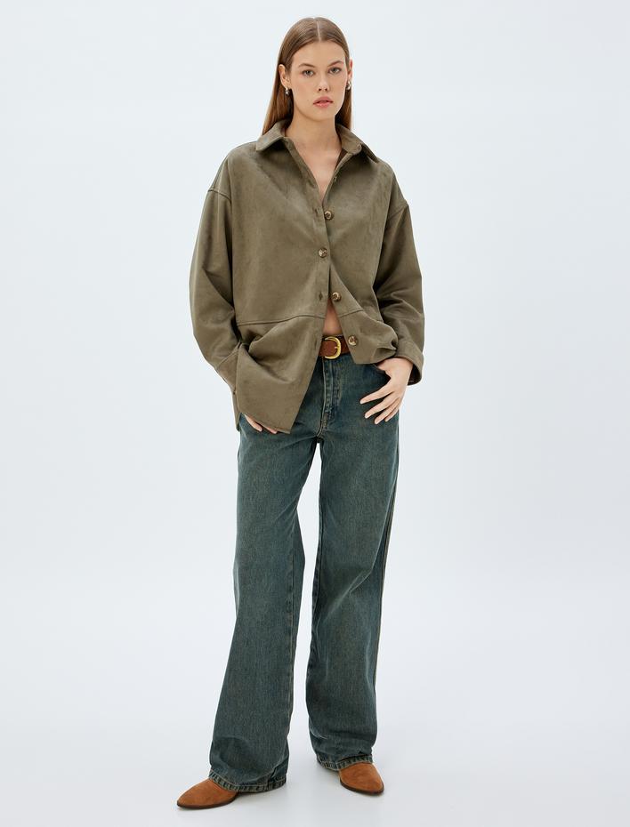  Uzun Kollu Düğmeli Suni Süet Gömlek Ceket